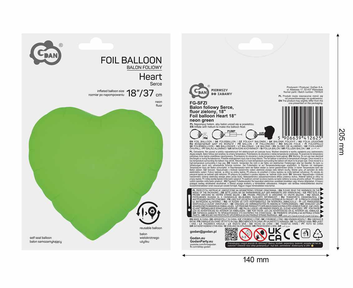 Foil balloon Heart 18“ neon green